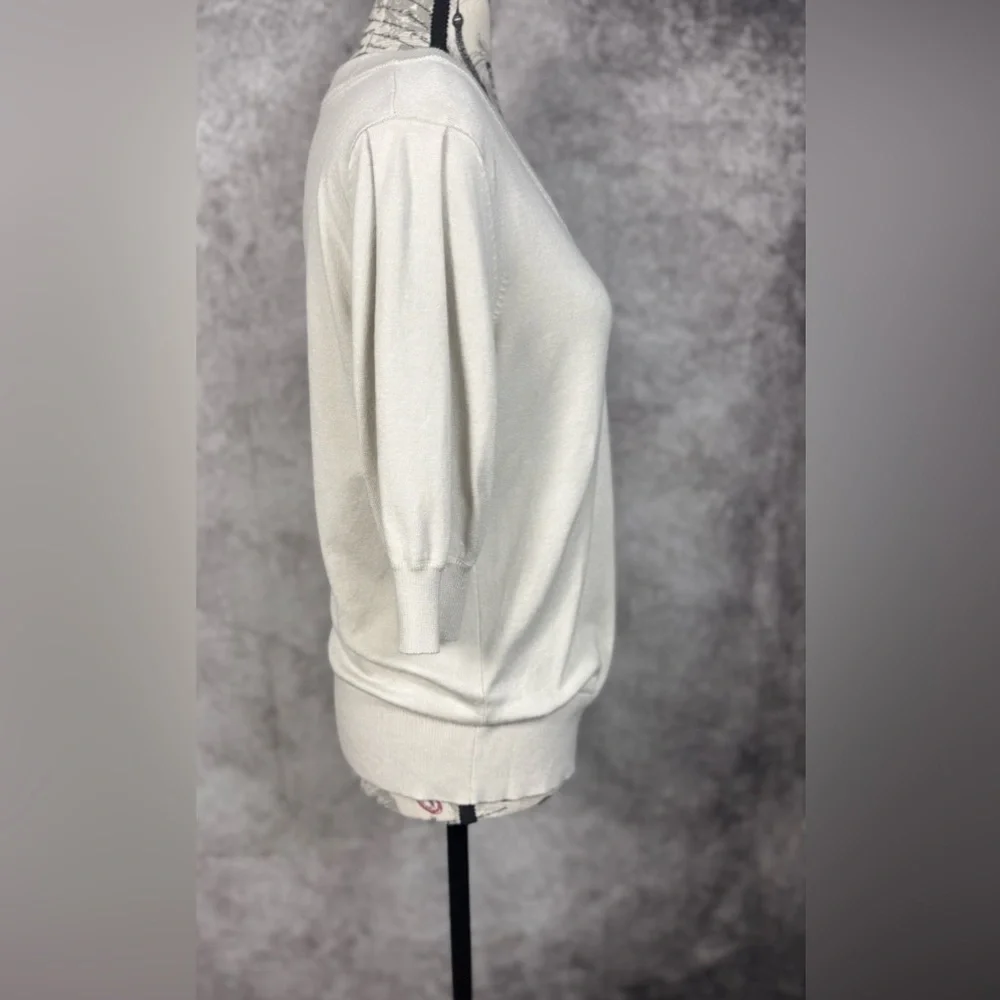 DKNY Cream V-Neck Dolman Sleeve Knit Top Soft Minimalist Luxe Blouse - Size M